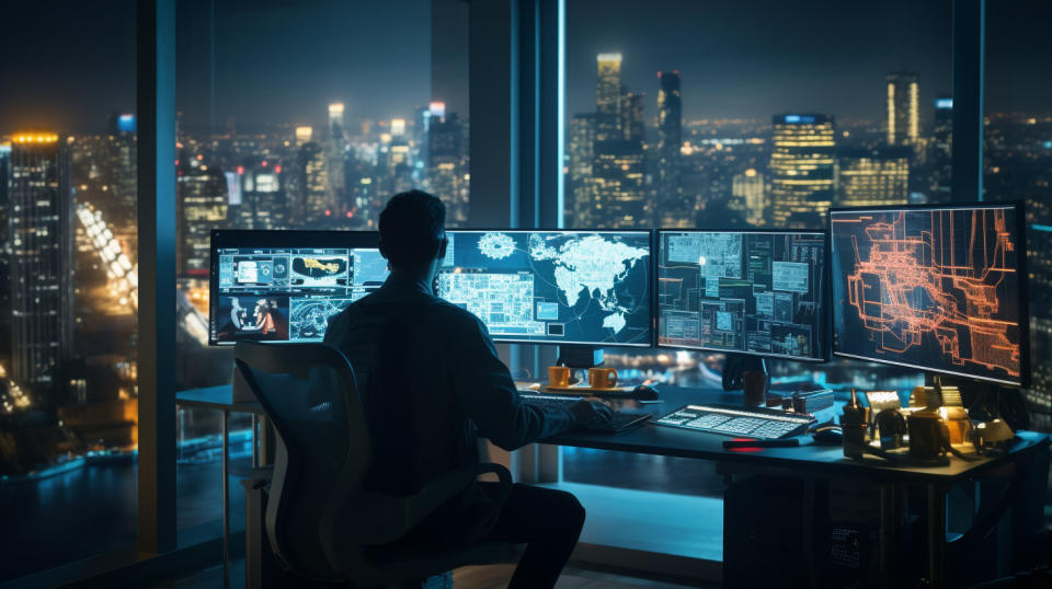 A software engineer working intently at a computer desk, surrounded by the latest technologies.