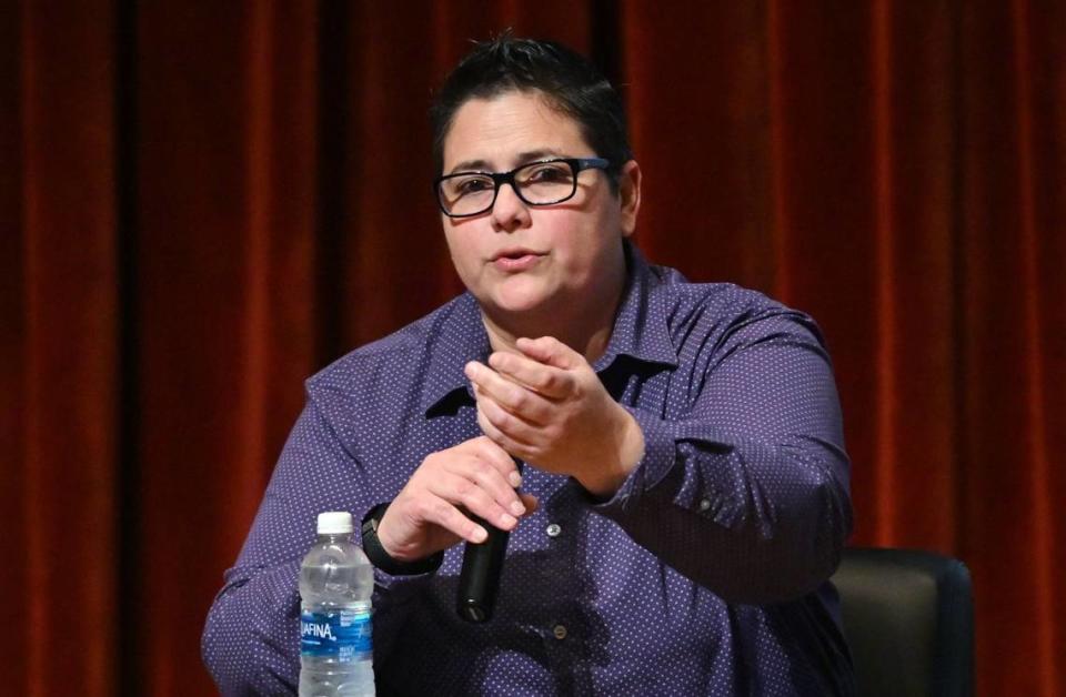Jen Cruz, Fresno EOC LGBTQ+ Resource Center Manager, speaks on the first panel at the Stop The Hate Townhall, held Thursday evening, Sept. 28, 2023 at Fresno City College’s Old Administration Building theater in Fresno. The forum featured three separate panel discussions addressing the impact of hate crimes in the Fresno LGBTQ+ community.