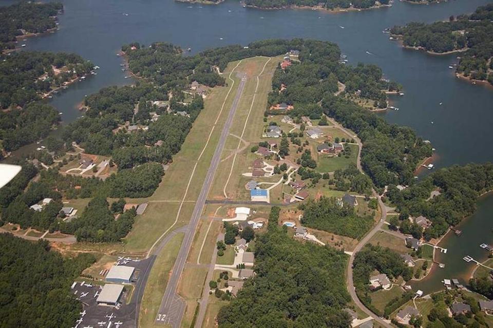 An aerial view of the private airfield that juts into Lake Norman from the northwest corner of Mooresville.