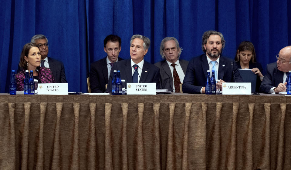 Secretary of State Antony Blinken delivers remarks during Ministerial Meeting on Atlantic Cooperation Monday, Sept. 18, 2023, in New York. (AP Photo/Craig Ruttle, Pool)