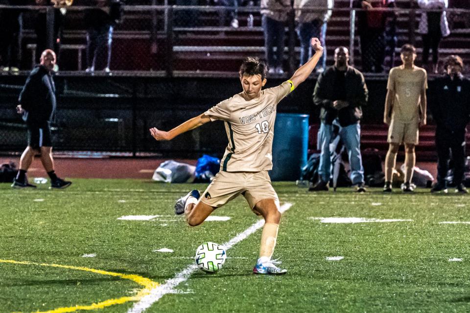 GNB Voc-Tech's Cameron Aguiar takes the free kick.