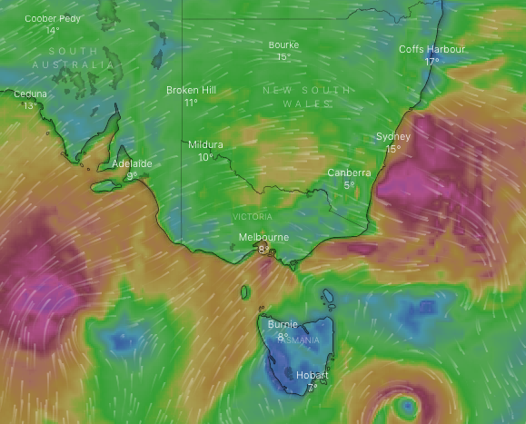 A weather map from Windy.com shows the powerful winds battering the southeast of Australia. 