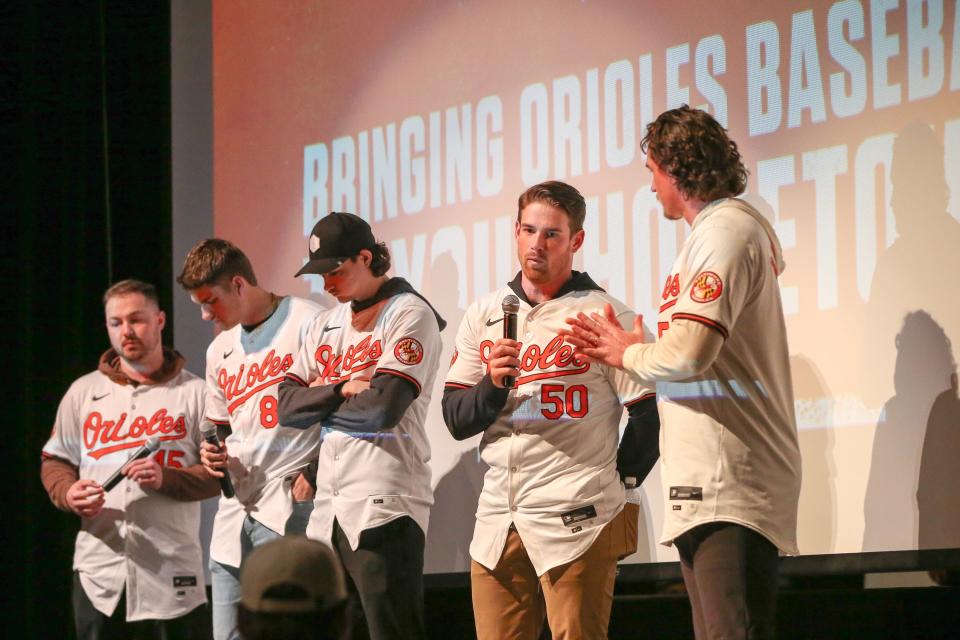 Baltimore Orioles pitcher Bruce Zimmermann speaks during the Birdland Caravan fan rally at South Hagerstown High School on Saturday, Jan. 27, 2024.