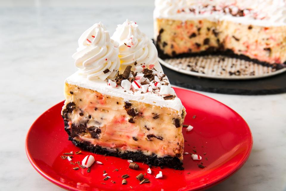 <p>It doesn’t get more festive than everyone’s favorite holiday menu special from The Cheesecake Factory. <a href="https://www.delish.com/holiday-recipes/christmas/a24882732/homemade-peppermint-bark-recipe/" rel="nofollow noopener" target="_blank" data-ylk="slk:Peppermint bark;elm:context_link;itc:0" class="link ">Peppermint bark</a> meets <a href="https://www.delish.com/cooking/recipe-ideas/g2837/cheesecake-recipes/" rel="nofollow noopener" target="_blank" data-ylk="slk:cheesecake;elm:context_link;itc:0" class="link ">cheesecake</a> in this minty, chocolate-y epic dessert. Studded with chopped chocolate and candy canes, it tastes just like the real thing.</p><p>Get the <strong><a href="https://www.delish.com/holiday-recipes/christmas/a25441818/peppermint-bark-cheesecake-recipe/" rel="nofollow noopener" target="_blank" data-ylk="slk:Copycat Cheesecake Factory Peppermint Bark Cheesecake recipe;elm:context_link;itc:0" class="link ">Copycat Cheesecake Factory Peppermint Bark Cheesecake recipe</a></strong>.</p>