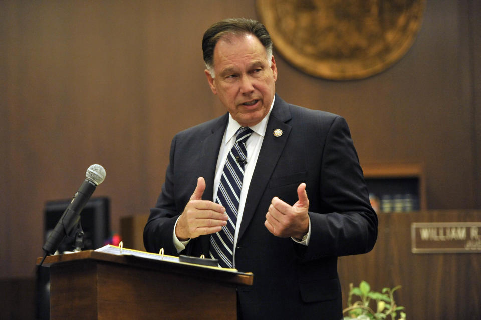 Orange County district attorney Tony Rackauckas delivers his closing argument in the trial of two former Fullerton police officers on Tuesday, Jan. 7, 2014 in Santa Ana, Calif. Jay Cicinelli and Manuel Ramos pleaded not guilty in the beating death of Kelly Thomas, 37, a mentally ill homeless man. Thomas died five days after a violent struggle with officers who were responding to a report of a man breaking into cars at a transit hub. (AP Photo/The Orange County Register, Joshua Sudock, Pool)