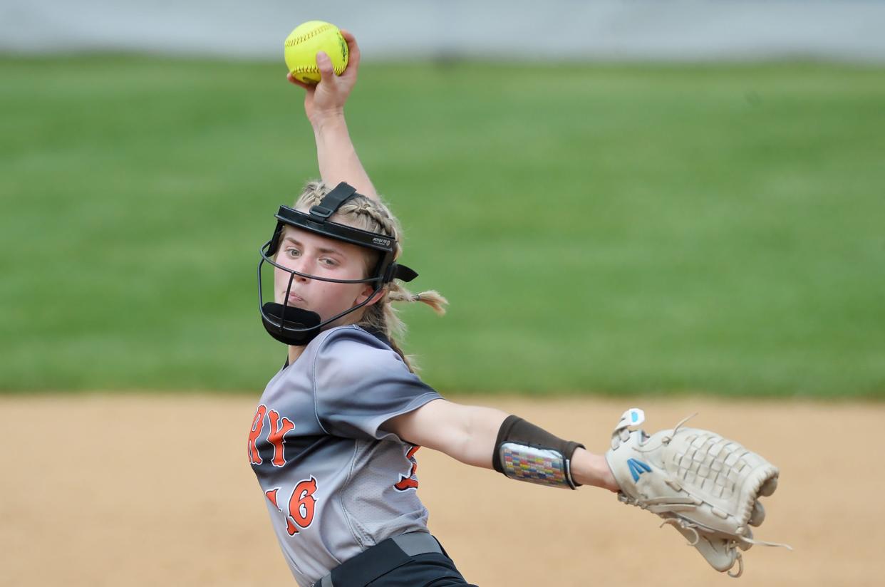 Corry Area High School sophomore pitcher Payton McCray throws against Fairview during a PIAA District 10 girls 3A quarterfinal softball game at Penn State Behrend in Harborcreek Township on May 23, 2023.
