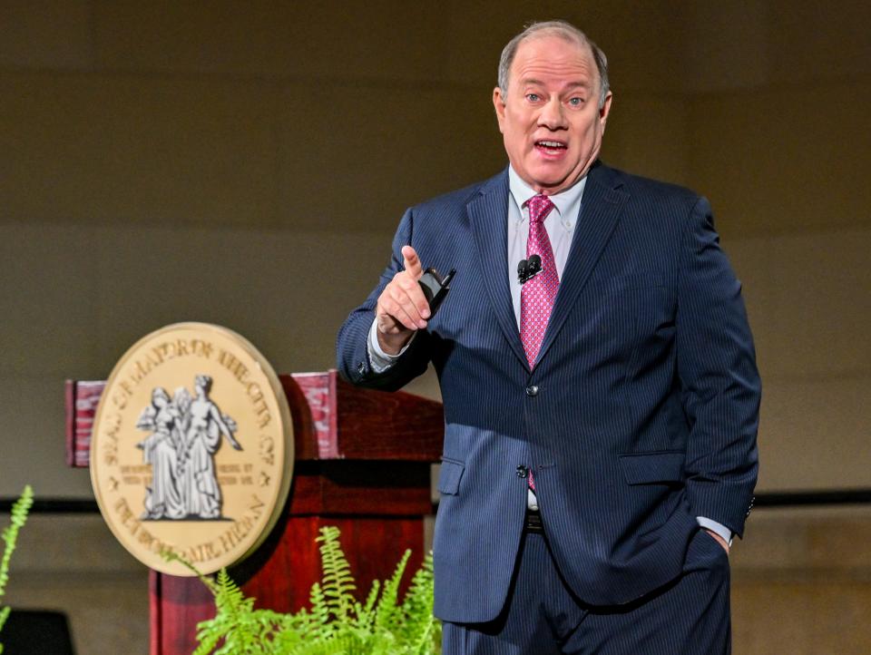 Detroit Mayor Mike Duggan gives the State of the City address at the Michigan Central Depot, in Detroit, March 7, 2023.