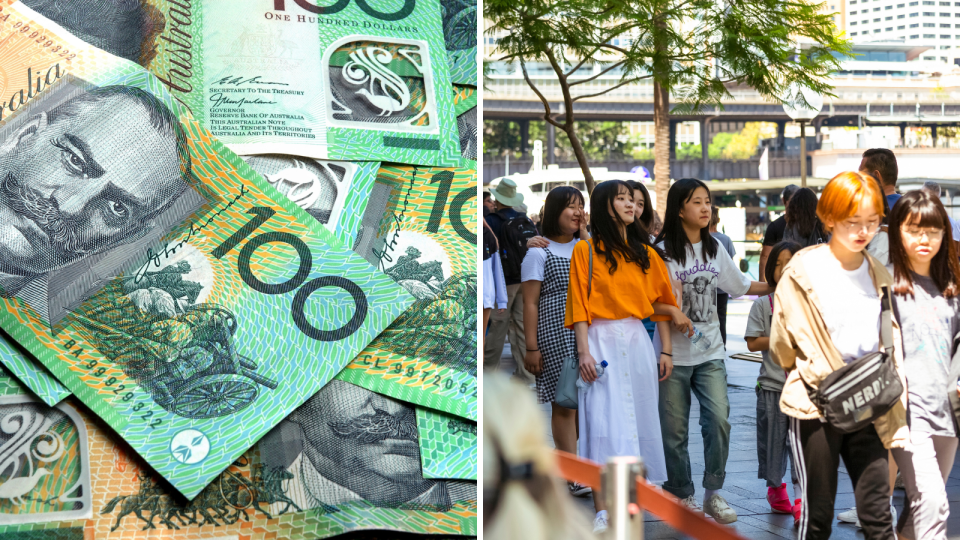 A composite image of Australian $100 notes in cash and a crowd of people waking in single file in the Sydney CBD.