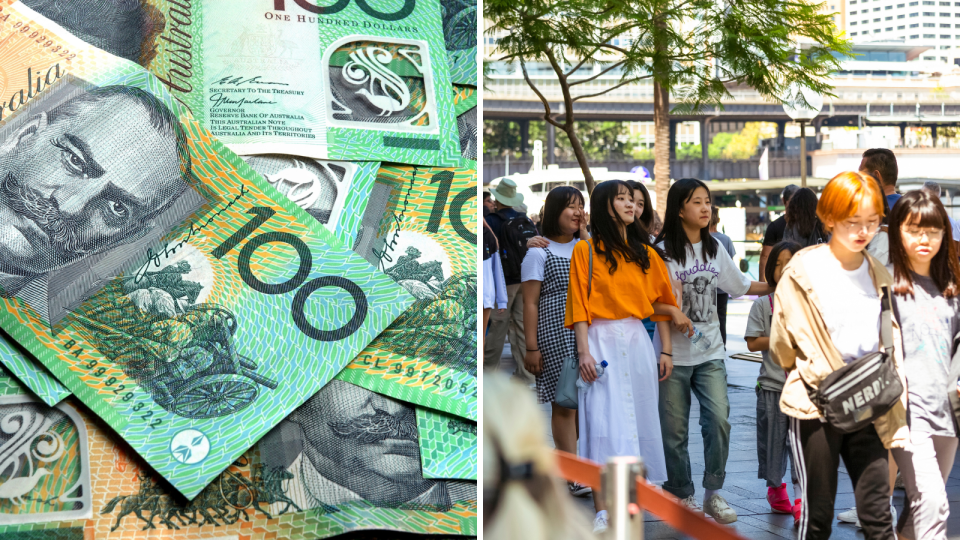 A composite image of Australian money and a crowd of people waking in the Sydney CBD.