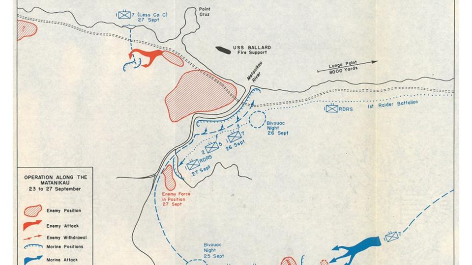 This map shows the area where Puller’s men were in operation. At the top, to the left of Point Cruz is where Munro evacuated the Marines on September 27. (Naval History and Heritage Command)