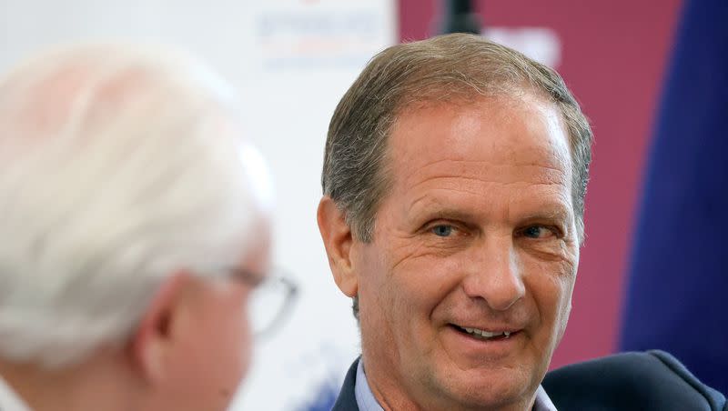 Rep. Chris Stewart, R-Utah, right, speaks with Rick Larsen, Sutherland Institute CEO, during Sutherland Institute’s 2023 Congressional Series at the University of Utah in Salt Lake City on Aug. 3, 2023. Stewart, now retired from Congress, will serve as chairman of the Utah Aerospace and Defense Association, it was announced Monday.