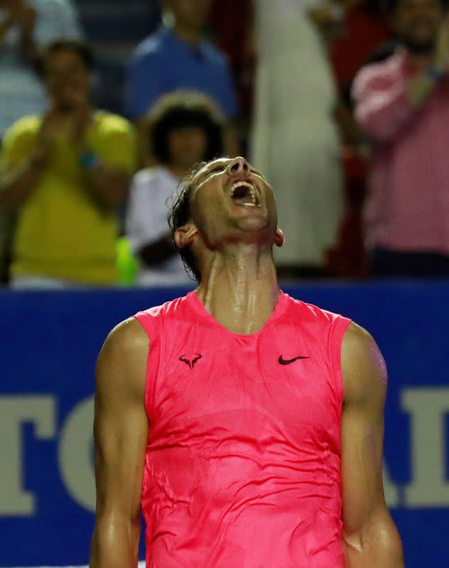 Rafael Nadal reacciona tras ganar al búlgaro Grigor Dimitrov la semifinal del Abierto Mexicano de Tenis