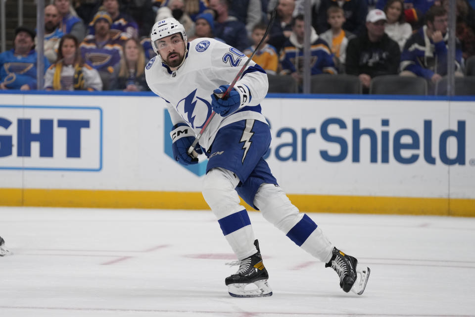 Tampa Bay Lightning's Nicholas Paul in action during the first period of an NHL hockey game against the St. Louis Blues Saturday, Jan. 14, 2023, in St. Louis. (AP Photo/Jeff Roberson)