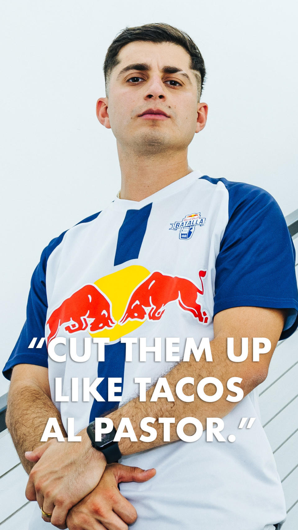 closeup of Macias with text: cut them up like tacos al pastor