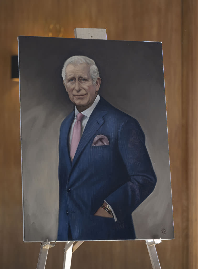 The first portrait of King Charles III painted by an artist Alastair Barford is unveiled in London, United Kingdom on April 4, 2023.<span class="copyright">Rasid Necati Aslim—Anadolu Agency via Getty Images</span>