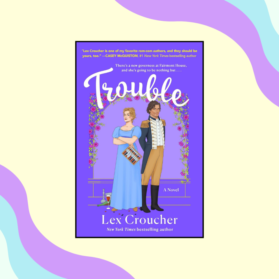 Cover of "Trouble" by Lex Croucher with illustrated characters, one holding a mop and the other with a book