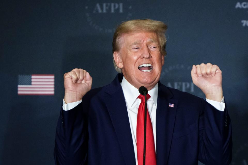 WASHINGTON, DC - Former President Donald Trump speaks about transgender athletes during the America First Agenda Summit, at the Marriott Marquis hotel July 26, 2022.  in Washington, DC. Trump returned to Washington for the first time since leaving office in 2021 to deliver the keynote closing address at the summit.