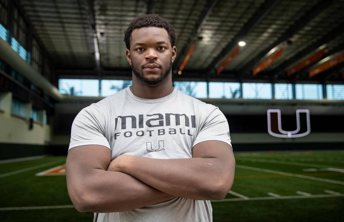 Miami Hurricanes offensive line Samson Okunlola is photographed after participating in a spring football practice session at the University of Miami’s Greentree Field on Tuesday, April 11, 2023, in Coral Gables, Fla.