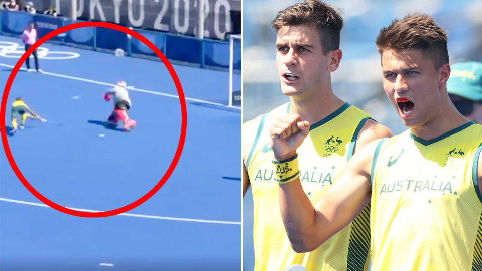 Pictured here, Kookaburras players celebrate Australia's shootout win over the Netherlands. 