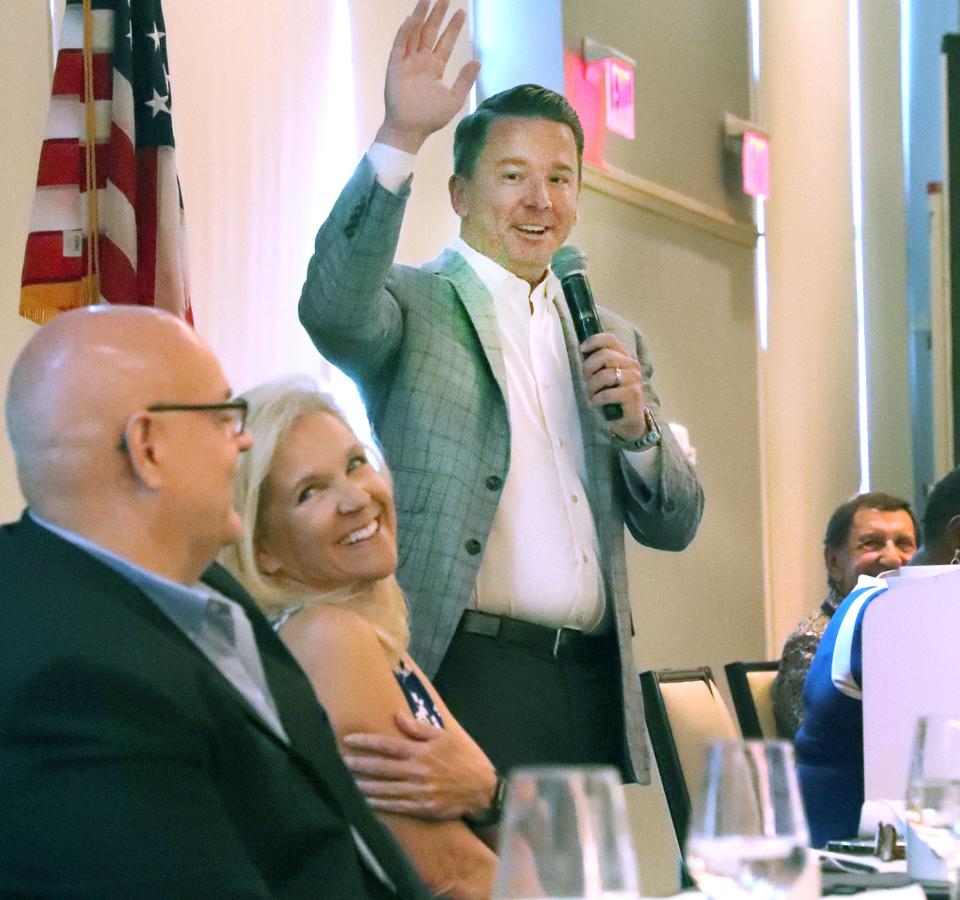 Frank Kelleher, president of Daytona International Speedway, makes a joke during a speech to tourism representatives and elected officials at a National Tourism Week celebration at Hard Rock Hotel in Daytona Beach. The Speedway is hosting several big events in coming months, including the Welcome to Rockville music festival May 19-22.