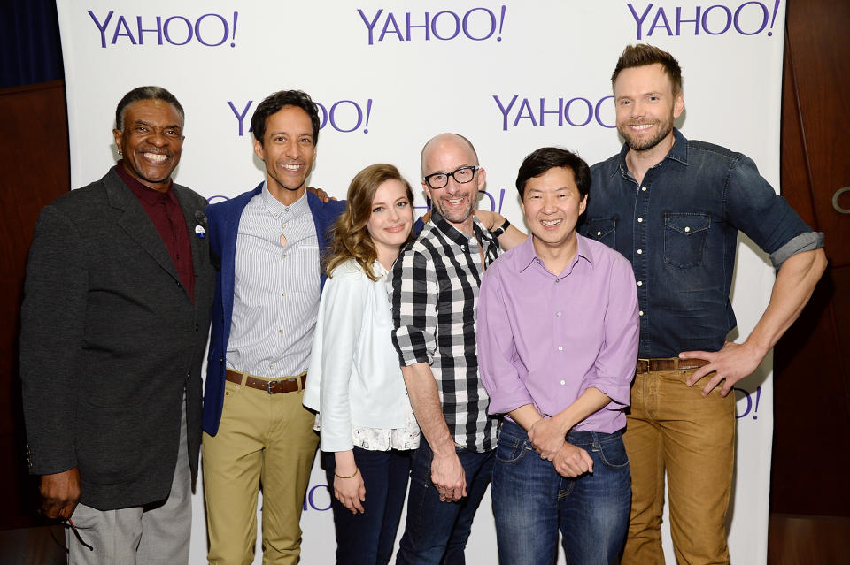 SHERMAN OAKS, CA - JUNE 02:  (L-R) Actors Keith David, Danny Pudi, Gillian Jacobs, Jim Rash, Ken Jeong, and Joel McHale attend the LA Times Envelope Emmy event for 