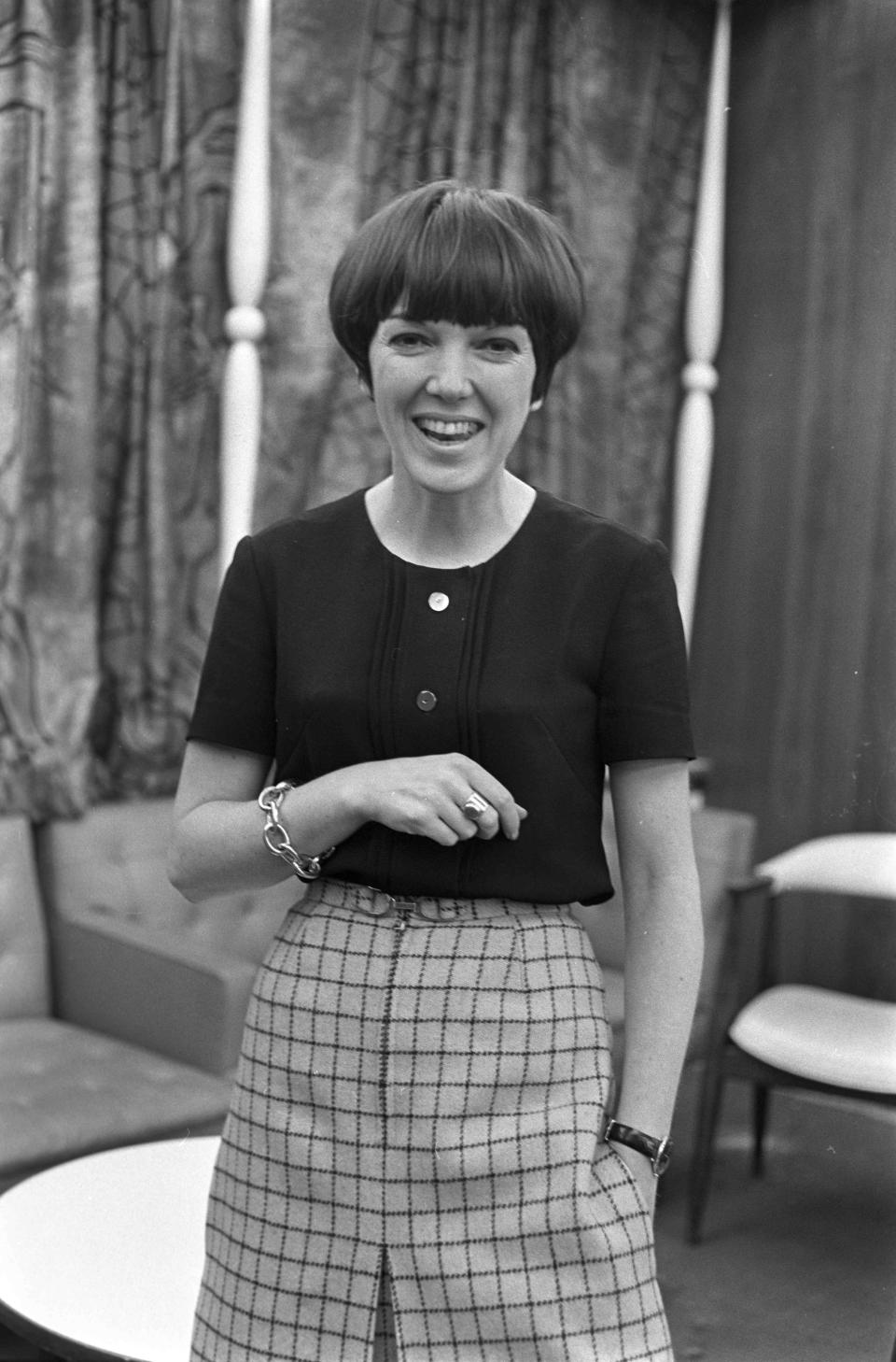 British fashion designer Mary Quant at the Algonquin Hotel on May 5, 1965 in New York City. Mary Quant was in New York to open the Puritan Label's Youthquake collection. Hair styled by Vidal Sassoon.