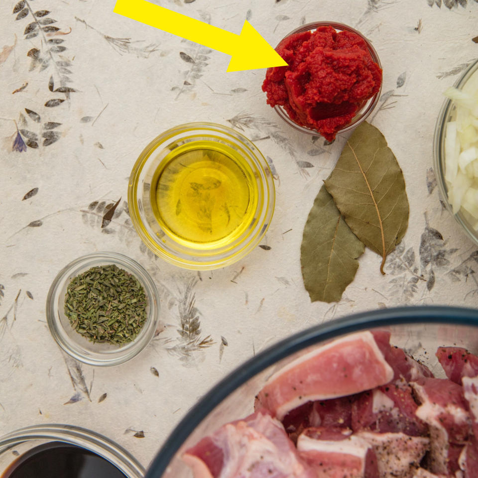 Ingredients for stew on a tabletop.