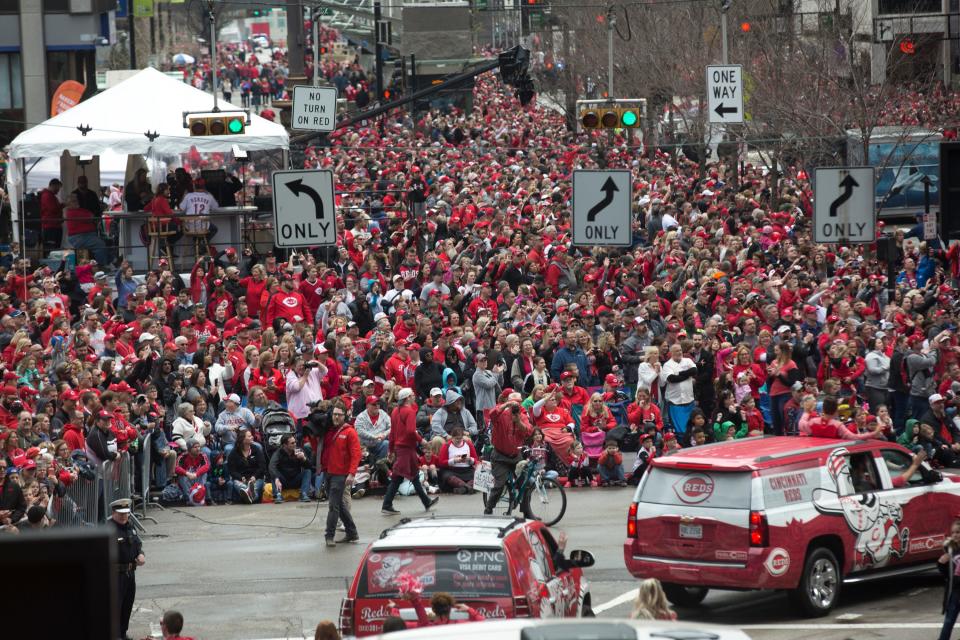 The Findlay Market Opening Day Parade steps off at noon Thursday. Pictured: Thousands lined the parade route for the 100th Findlay Market Opening Day Parade in downtown Cincinnati, which took place in 2019.