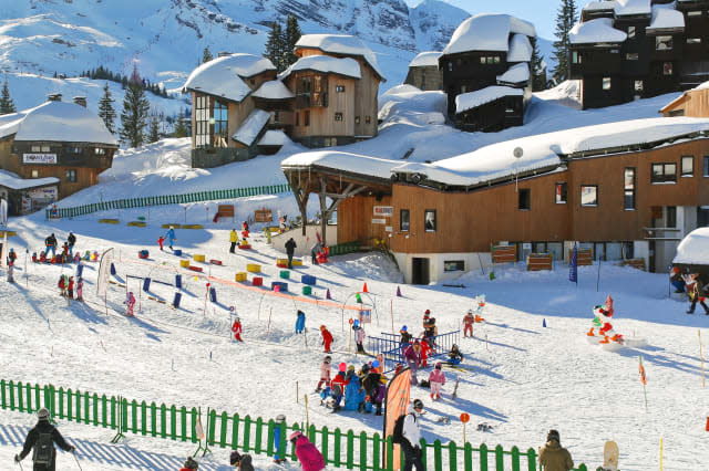 ski children area in Avoriaz town in Alps, France