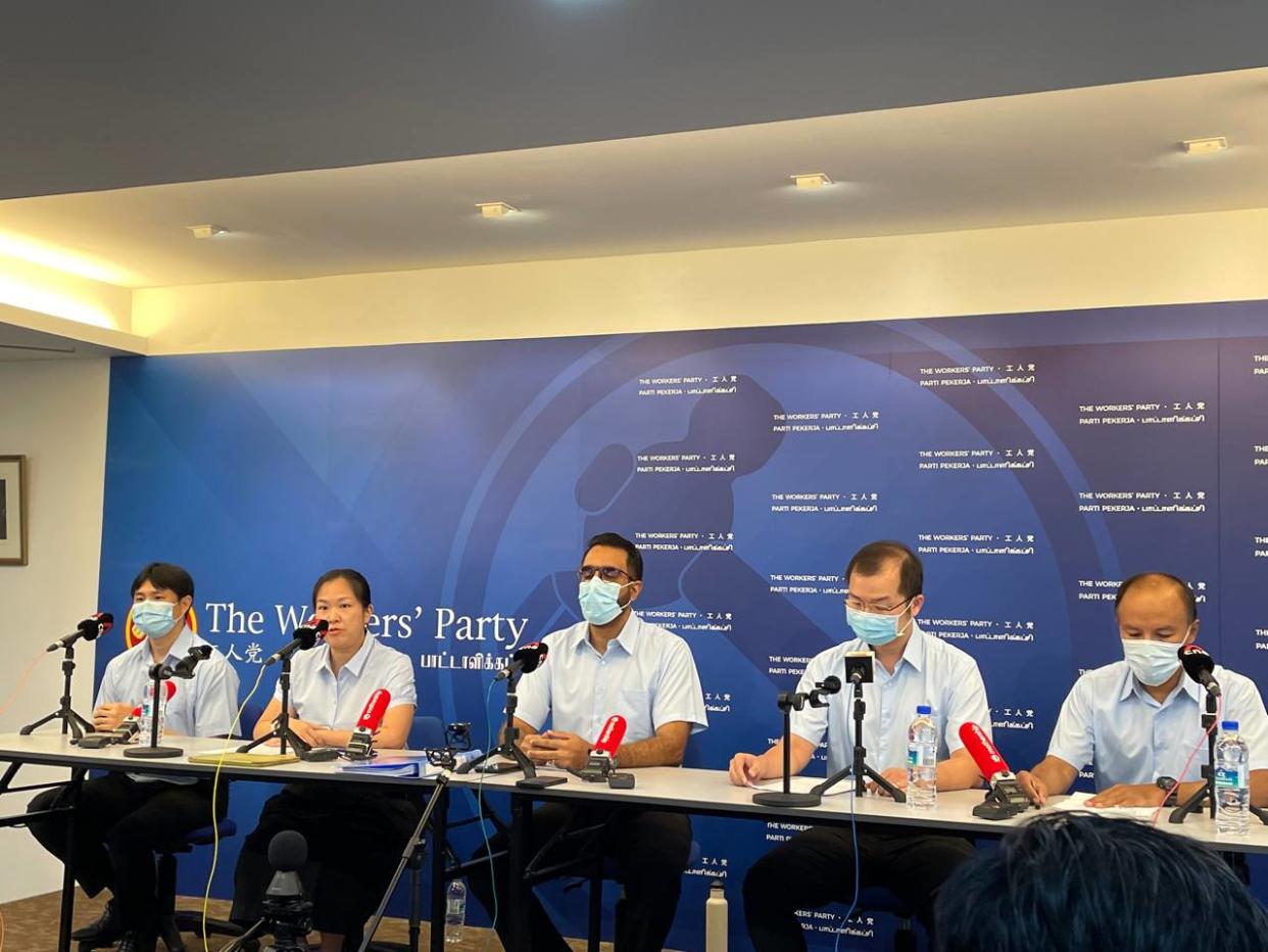 (L-R) Sengkang GRC MPs Jamus Lim and He Ting Ru, Workers' Party chief Pritam Singh (centre), Sengkang MP Louis Chua and Aljunied GRC MP and WP co-chair Faisal Manap. (PHOTO: Nicholas Yong/ Yahoo News Singapore)