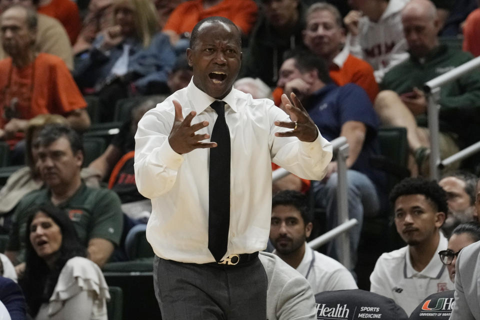 Boston College head coach Earl Grant gestures during the second half of an NCAA college basketball game against Miami , Wednesday, Jan. 11, 2023, in Coral Gables, Fla. (AP Photo/Marta Lavandier)