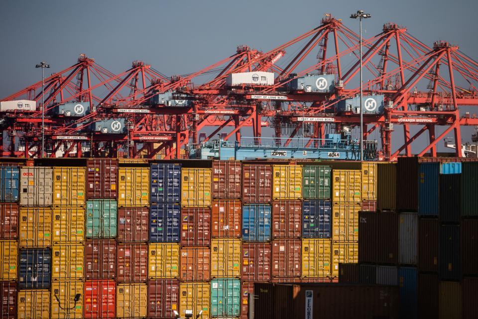  Gantry cranes and shipping containers are seen at the Port of Long Beach in Long Beach, California, November 17, 2021. (Photo by APU GOMES/AFP via Getty Images)