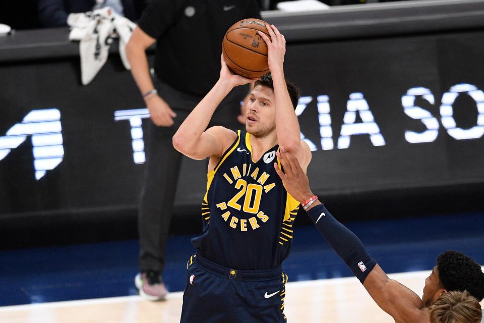 Indiana Pacers forward Doug McDermott (20) shoots during the second half of an NBA basketball Eastern Conference play-in game against the Washington Wizards, Thursday, May 20, 2021, in Washington. (AP Photo/Nick Wass)