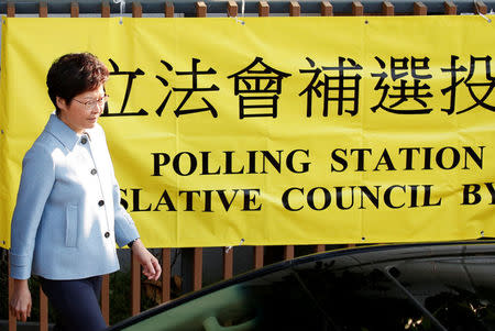 Hong Kong Chief Executive Carrie Lam leaves a polling station after voting at a Legislative Council by-election in Hong Kong, China March 11, 2018. REUTERS/Bobby Yip