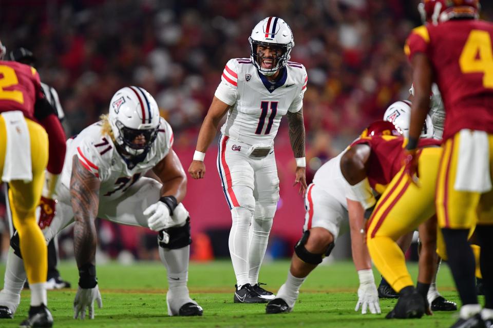 Arizona Wildcats quarterback Noah Fifita (11) calls out a play before the snap against the Southern California Trojans during the first half at Los Angeles Memorial Coliseum on Oct. 7.