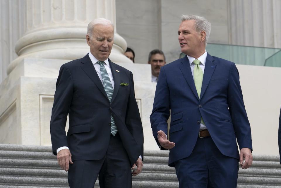 The deal was negotiated by President Joe Biden, left, House Speaker Kevin McCarthy and their representatives. <a href="https://newsroom.ap.org/detail/CongressDebt/886fd8d91e3147b3831e60960864d0c0/photo?Query=(persons.person_featured:%22Joe%20Biden%22)%20AND%20(persons.person_featured:%22Kevin%20McCarthy%22)%20AND%20%20(mccarthy%20biden)%20&mediaType=photo&sortBy=arrivaldatetime:desc&dateRange=Anytime&totalCount=122&currentItemNo=23" rel="nofollow noopener" target="_blank" data-ylk="slk:AP Photo/J. Scott Applewhite;elm:context_link;itc:0;sec:content-canvas" class="link ">AP Photo/J. Scott Applewhite</a>