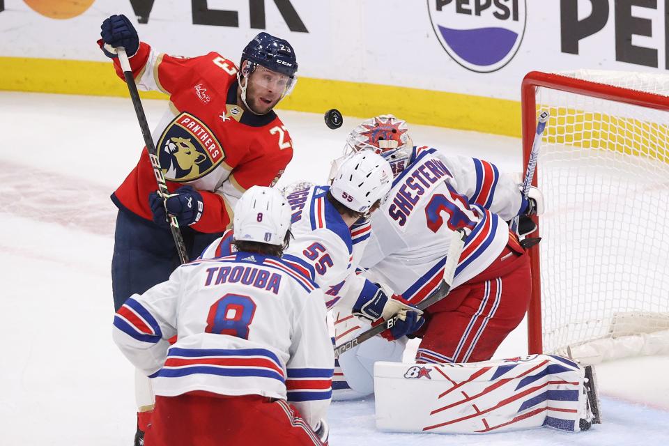 SUNRISE, FLORIDA - MAY 28: Carter Verhaeghe #23 of the Florida Panthers scores a goal past Igor Shesterkin #31 of the New York Rangers during the second period in Game Four of the Eastern Conference Final of the 2024 Stanley Cup Playoffs at Amerant Bank Arena on May 28, 2024 in Sunrise, Florida.