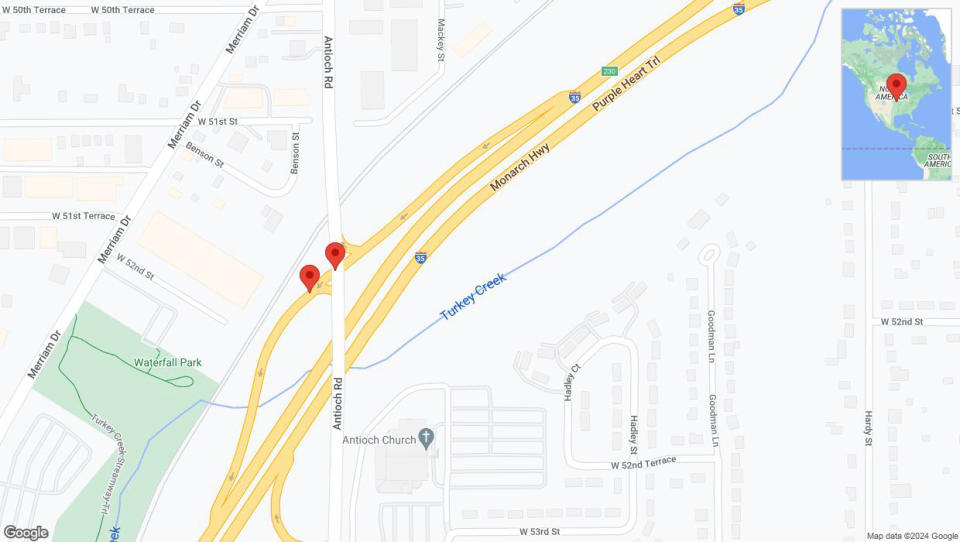 A detailed map that shows the affected road due to 'Benson Street closed in Merriam' on June 7th at 7:59 p.m.