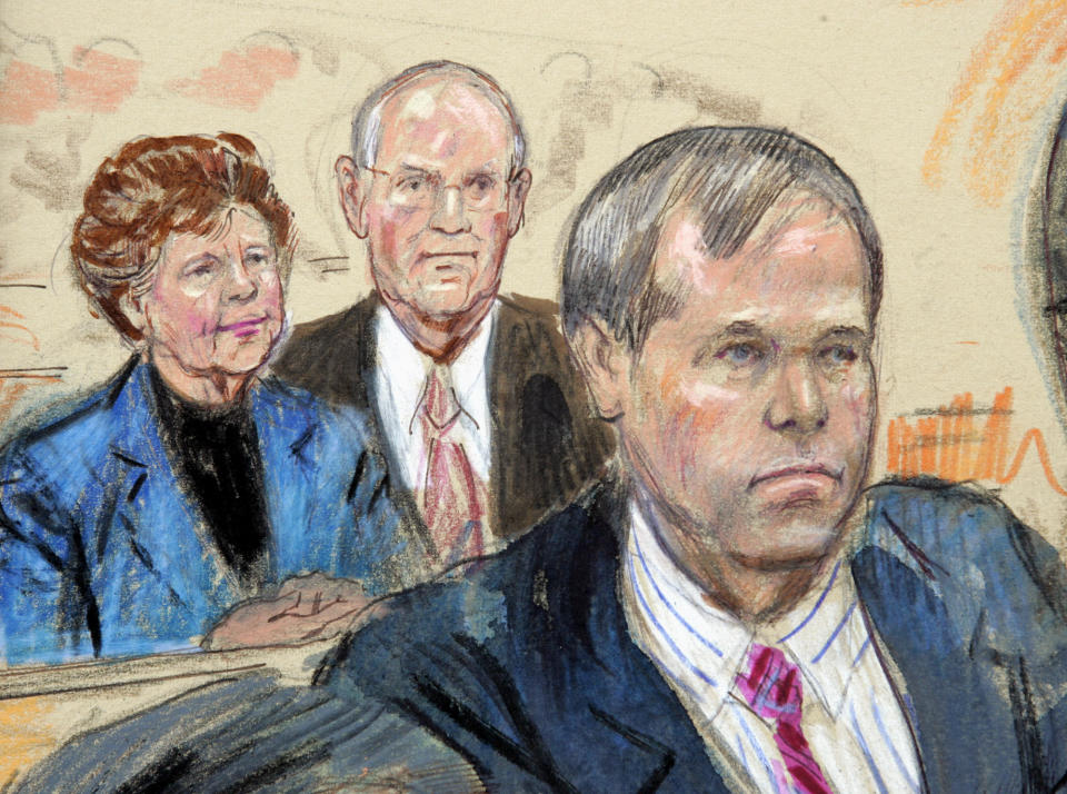 FILE - This is an artist's rendering of John Hinckley Jr., right, and his parents Jack and Jo Ann in federal court in Washington, Monday, Nov. 8, 2004. Jo Ann Hinckley, whose son John Hinckley Jr. attempted to assassinate President Ronald Reagan in 1981 and who spent her final years living with her son in Virginia, has died. Barry Levine, John Hinckley’s longtime attorney, confirmed Hinckley's death to The Associated Press on Tuesday, Aug. 3, 2021. (AP Photo/Dana Verkouteren)
