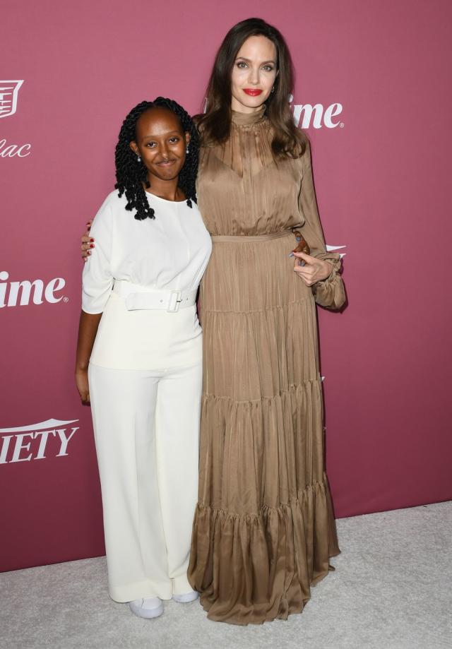 Angelina Jolie Was Chic In Tan Pantsuit and Blouse On the Way to