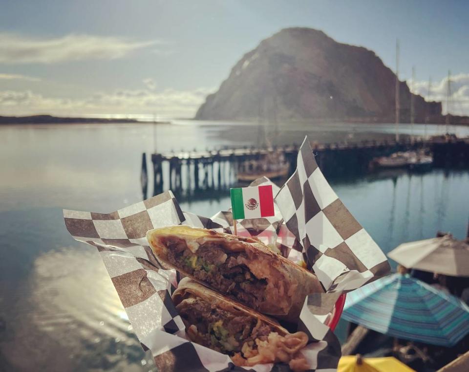 A Surf & Turf Burrito is paired with a view of Morro Rock and the harbor at new Morro Bay restaurant Rock Tacos.