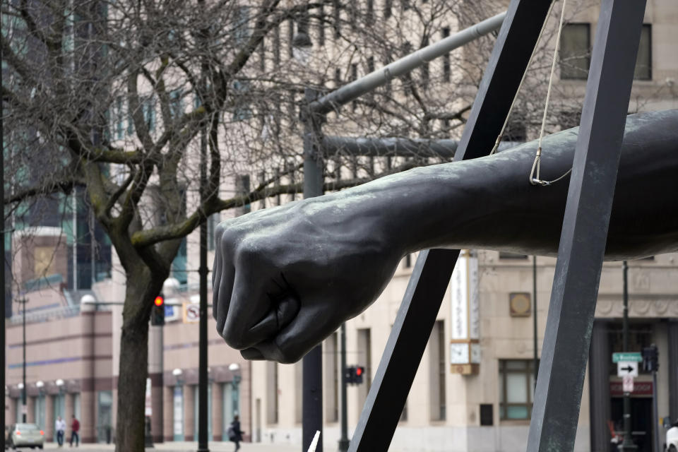 The Monument to Joe Louis, commonly known as The Fist, is seen March 2, 2023 in Detroit. The sport of boxing will draw more than 1,000 competitors on March 25 for a weeklong USA Boxing qualifier in a convention center just down the street from the 24-foot bronze sculpture that honors boxer Louis. (AP Photo/Carlos Osorio)