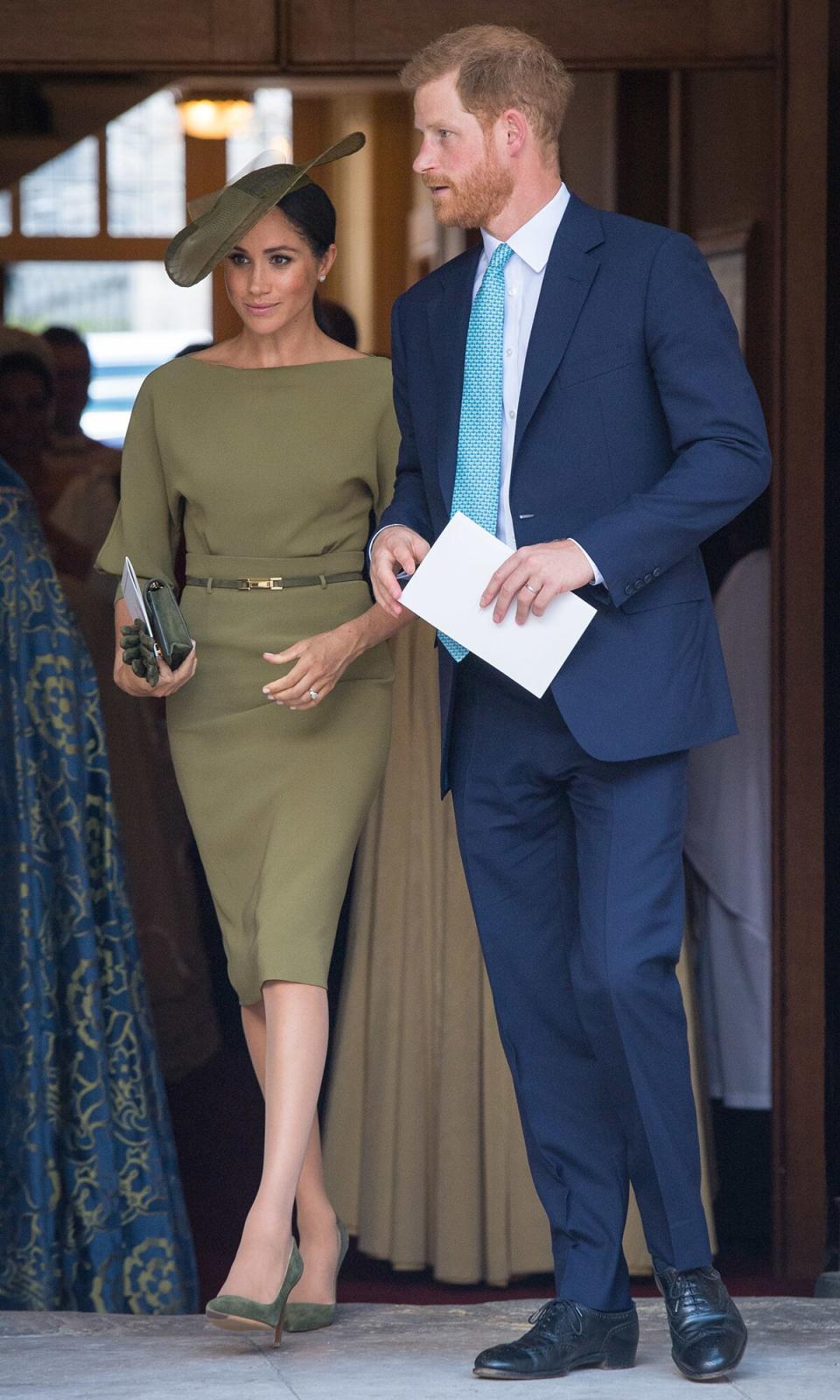 Duke and Duchess of Sussex depart after attending the christening of Prince Louis at the Chapel Royal, St James's Palace on July 09, 2018 in London, England