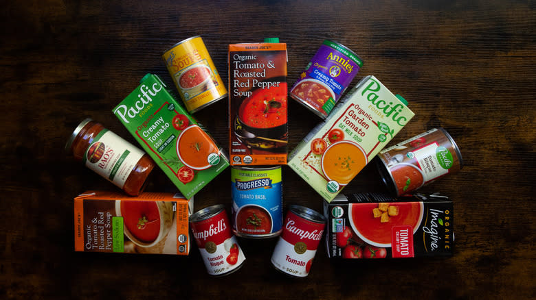 Tomato soup products on table