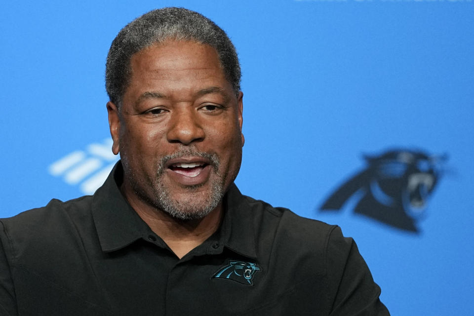 Carolina Panthers' Steve Wilks speaks during a news conference after being named the NFL football team's interim head coach on Tuesday, Oct. 11, 2022, in Charlotte, N.C. (AP Photo/Chris Carlson)