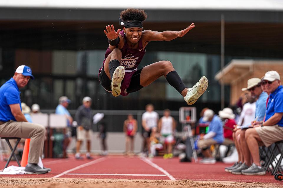 Tuloso-Midway's Jayden McCoy competes in the Class 4A long jump Thursday. The state meet will continue Friday and Saturday.