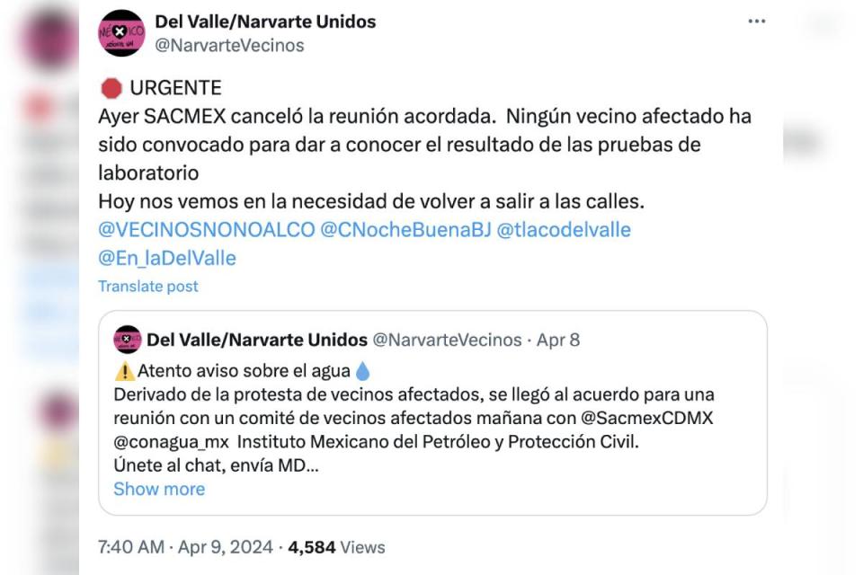 Vecinos de alcaldía Benito Juárez convocan a protestar por agua contaminada. Foto: X