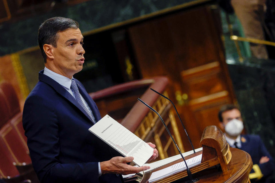 Spain's Prime Minister Pedro Sanchez delivers a speech during the state of the nation debate in parliament in Madrid, Spain, July 12, 2022. REUTERS/Susana Vera