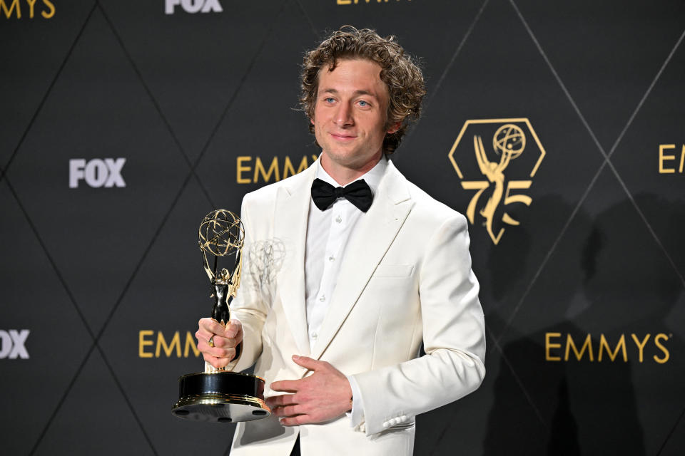 Jeremy Allen White wins at the 75th Emmy Awards at the Peacock Theatre at L.A. Live in Los Angeles on January 15, 2024. (