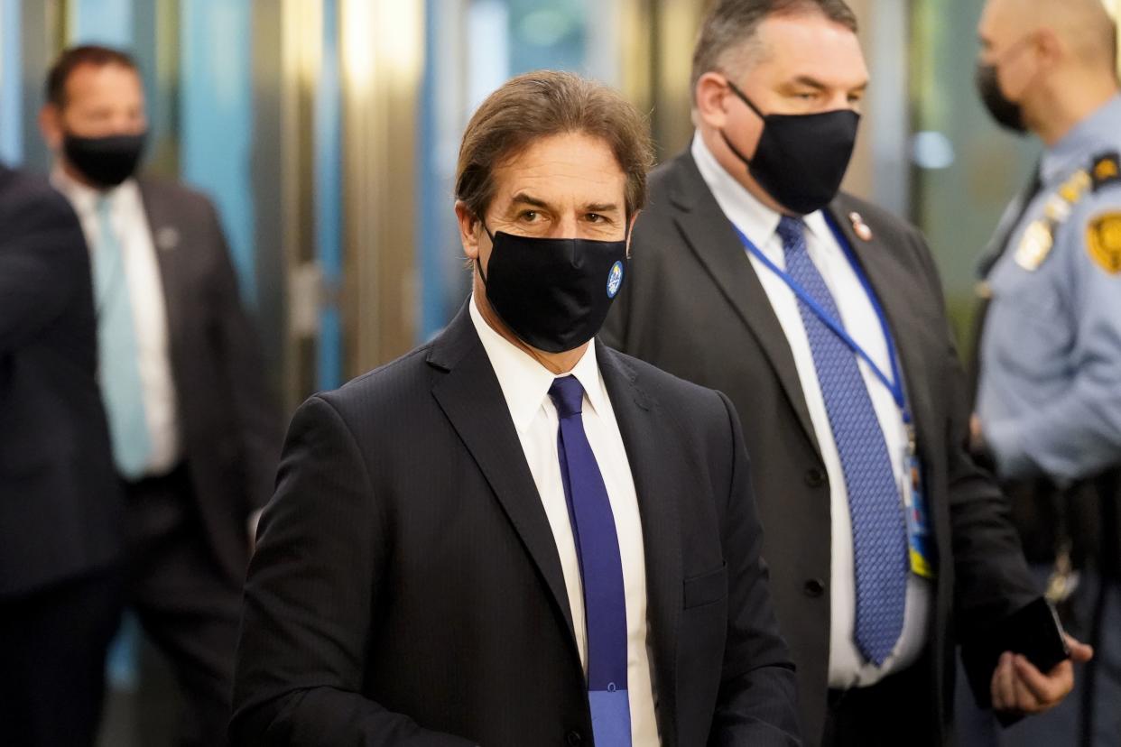 Luis Lacalle Pou, President of Uruguay, arrives at United Nations headquarters, Tuesday, Sept. 21, 2021, during the 76th Session of the U.N. General Assembly in New York.